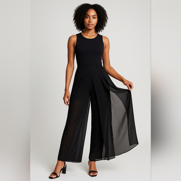Vintage 90s Joseph Ribkoff Black High Waisted Sheer Overlay Palazzo Pants - Picture 1 of 12